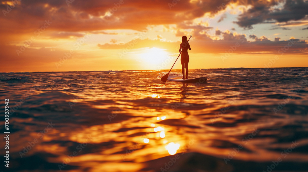 Woman sunset on a paddle surf