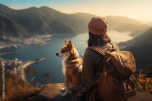  she's holding a dog at view point at mountain © sania