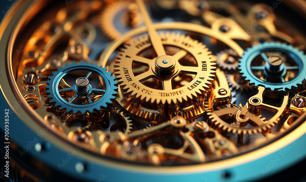Intricate clockwork mechanism showcasing precision engineering with golden gears and cogs in close-up Intricate clockwork mechanism showcasing precision engineering with golden gears and cogs in close-up