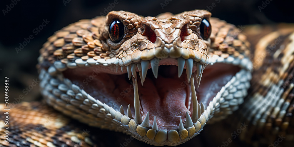 Close-up of a Menacing Rattlesnake Displaying Fangs with Venom Dripping, Symbolizing Danger and Wild Nature Close-up of a Menacing Rattlesnake Displaying Fangs with Venom Dripping, Symbolizing Danger and Wild Nature