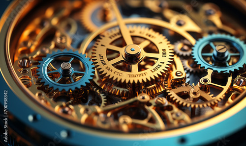 Intricate clockwork mechanism showcasing precision engineering with golden gears and cogs in close-up