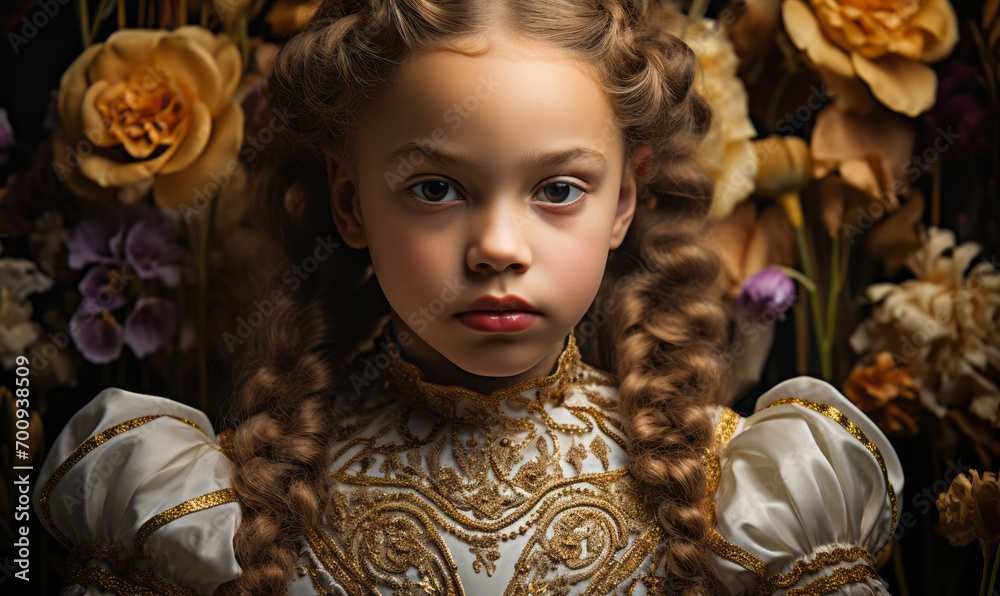 Regal Child in Renaissance Attire with Intricate Gold Embroidery, Surrounded by Tulips in a Classical Portrait Regal Child in Renaissance Attire with Intricate Gold Embroidery, Surrounded by Tulips in a Classical Portrait