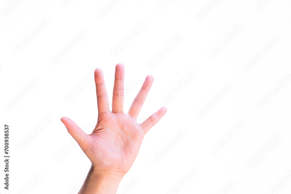 Woman showing five fingers in different pose on isolated white background Woman showing five fingers in different pose on isolated white background