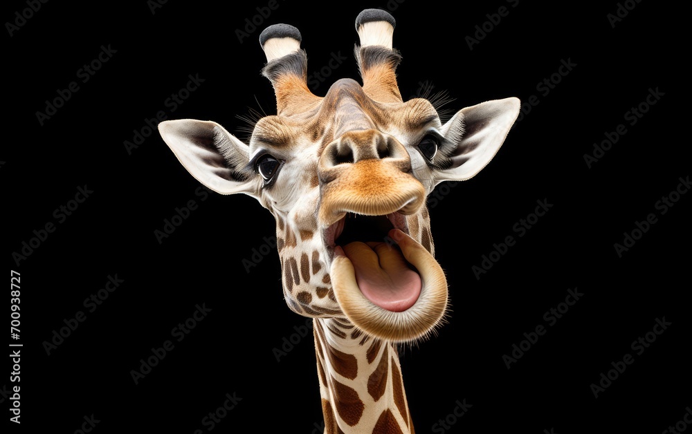 Obraz premium Giraffe head face look funny and happy on isolated black background