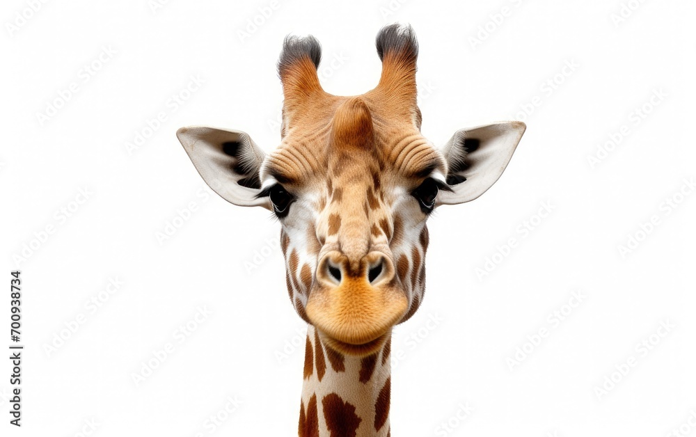 Obraz premium Giraffe head face look funny on isolated a white background, Close-up of a giraffe,