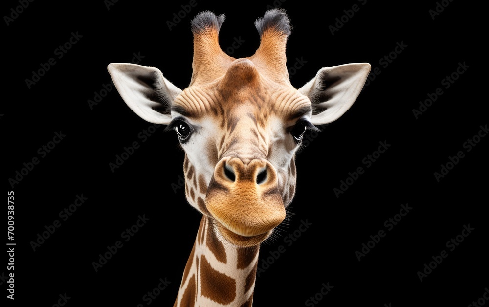 Naklejka premium Giraffe head face look funny and happy on isolated black background