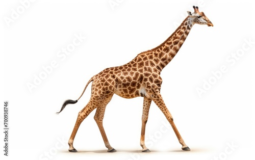 Side view of adult Giraffe Walking on isolated white background