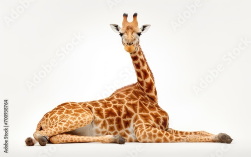Side view of a Giraffe Sitting on isolated white background
