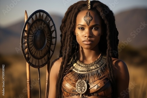 Beautiful african american woman in the desert with spear and shield photo