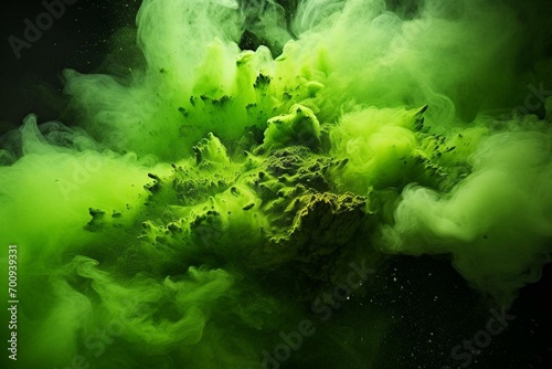 Vibrant green powder explodes against a background. Artistic dust burst. Generative AI