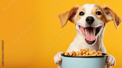 Dog food studio shot. dog food and Dog near its bowl full of food