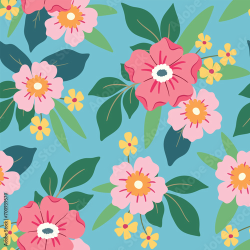 Seamless floral pattern  pretty ditsy print of decorative flowers. Cute botanical design  flower ornament  large   small hand drawn flowers  bouquets  leaves on a blue background. Vector illustration.