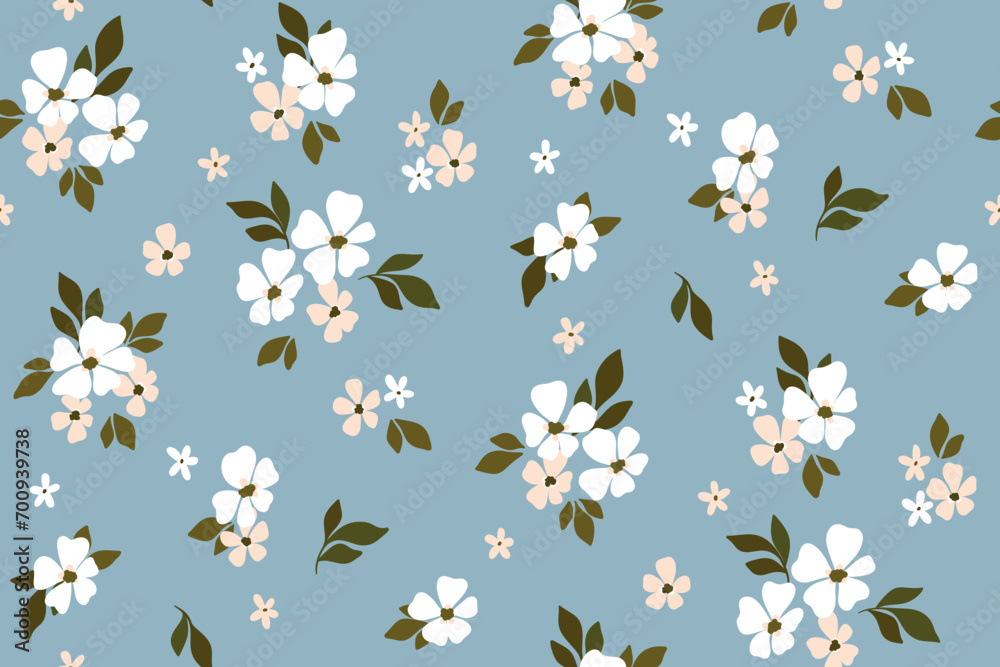 Seamless floral pattern, liberty ditsy print with simple cute flowers. Pretty botanical design in spring motif: small hand drawn daisy flowers, tiny leaves on blue. Vector flower tile.
