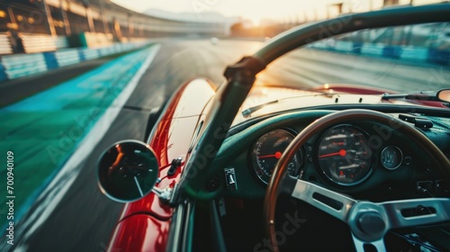  a red sports car driving on a race track at sunset, with the background blurred The car is in focus, while the background is slightly blurred, giving the image a s