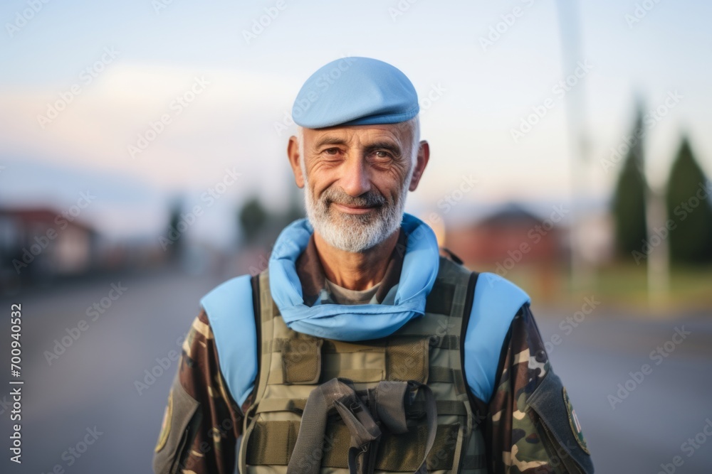 Portrait of an elderly man with a backpack on his shoulder.