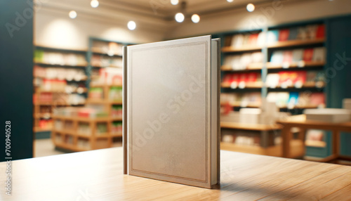Beige book upright in a bookstore, with blurred shelves in background. Generative AI photo