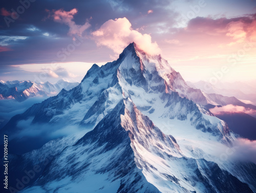 Illuminating mountain peaks at sunset with dramatic cloud cover. Generative AI © Who is Danny