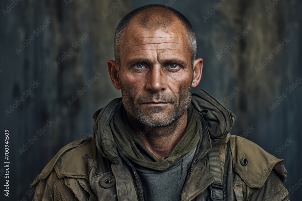 Portrait of a brutal man in a military jacket on a dark background. Portrait of a brutal man in a military jacket on a dark background.