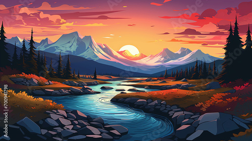 Illustrated beautiful scenic view of Wrangell-St. Elias National Park during sunrise or sunset. Colorful landscape illustration. photo