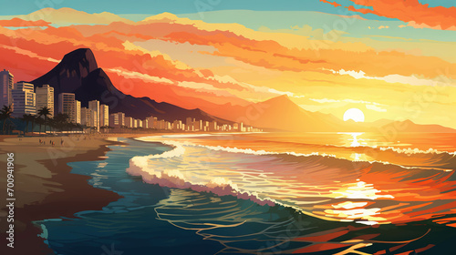 copacabana beach brazil during sunrise or sunset. Colorful seascape illustration.  photo