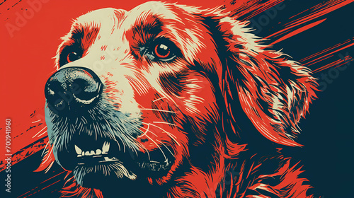 Illustration of golden retriever dog in block print style.