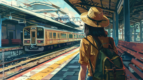 Back view of Female tourist with hat and backpack waiting for train at the platform in the train station. Wanderlust concept. © Tepsarit