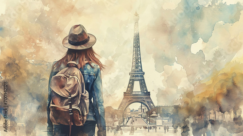 Watercolor painting Back view of Female tourist with hat and backpack looking at eiffel tower in Paris. Wanderlust concept. photo