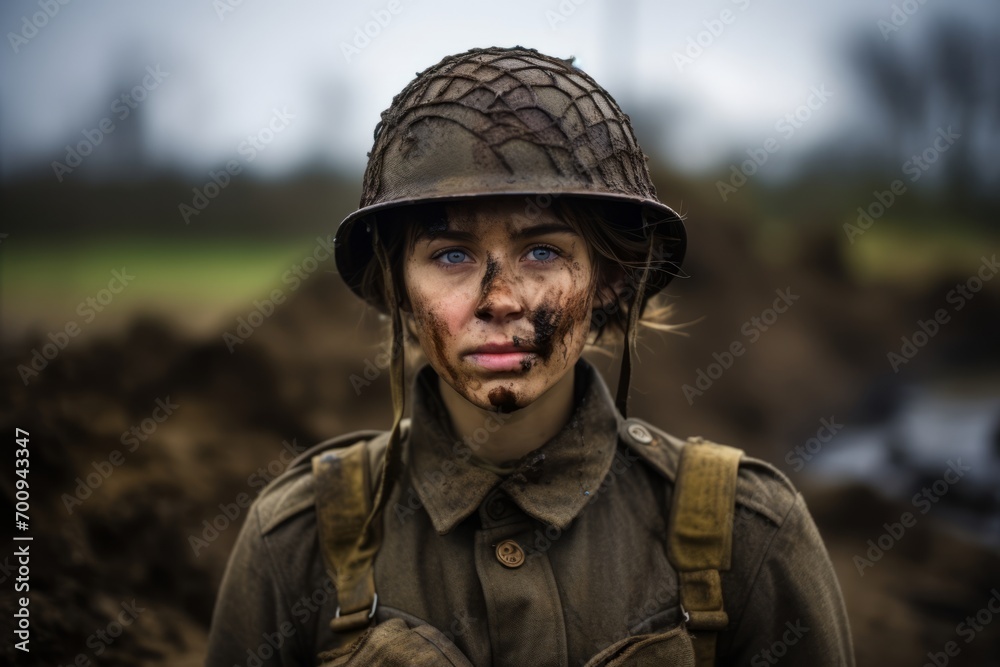 Closeup portrait of a young woman in WW2 military uniform.