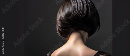  the back of a woman's head with her hair in a sleek, straight, blunted - up style. photo