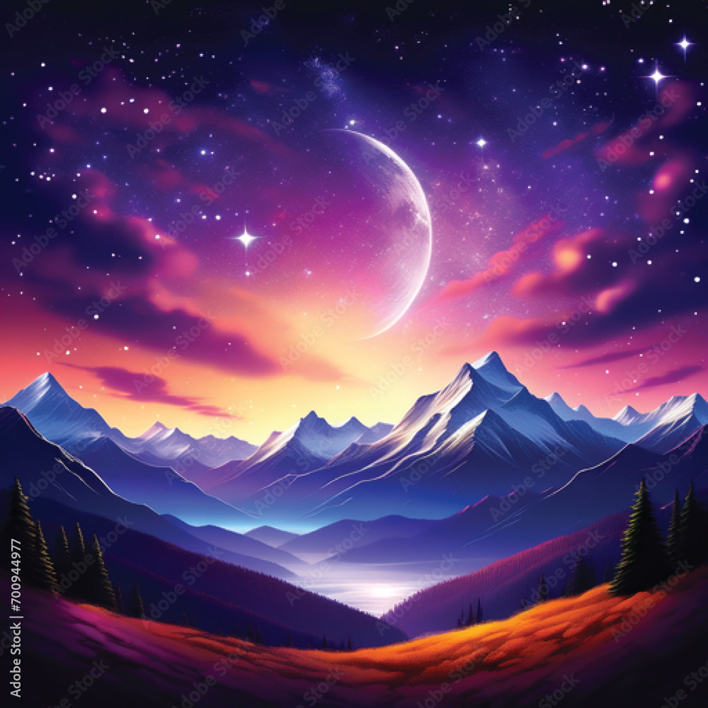 Ai generate a realistic illustration of mountains, in the middle of the night, with many sparkling stars, with bright moonlight, with black and purple colors