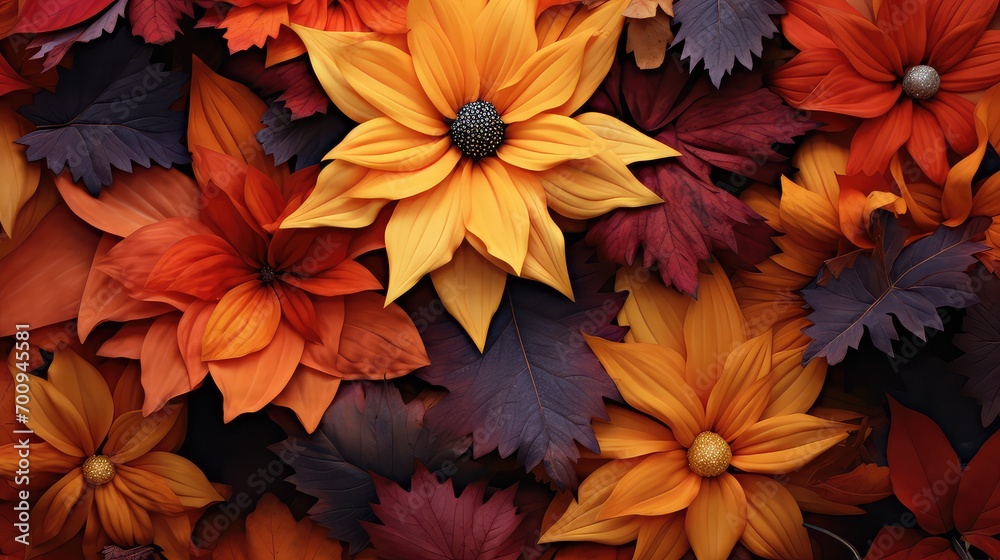 Autumn background with yellow and red dahlia flowers, top view
