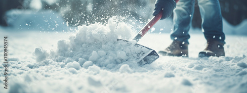 Man with snow shovel cleans sidewalks in winter. Winter time photo