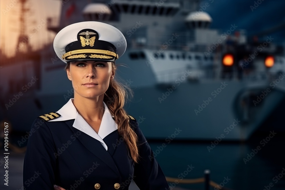portrait of a beautiful woman captain on the background of a ship portrait of a beautiful woman captain on the background of a ship