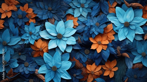 blue and orange flowers with leaves pattern background