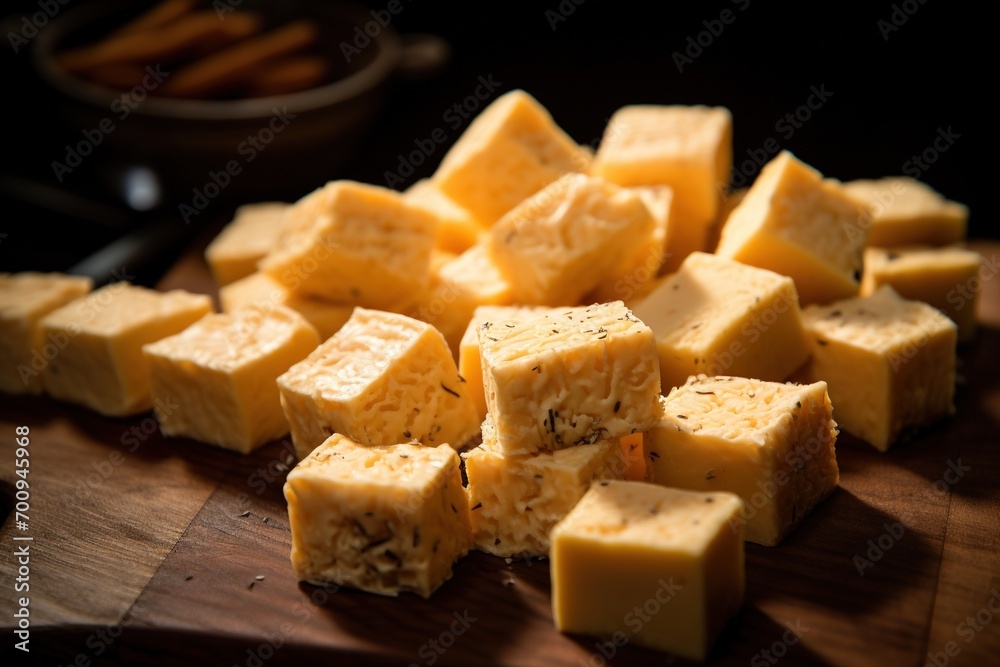 Close-up of a plate of yellow cheese cubes. Close-up of a plate of yellow cheese cubes.