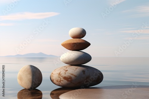 Artful rock balancing by a glassy lake at sunrise