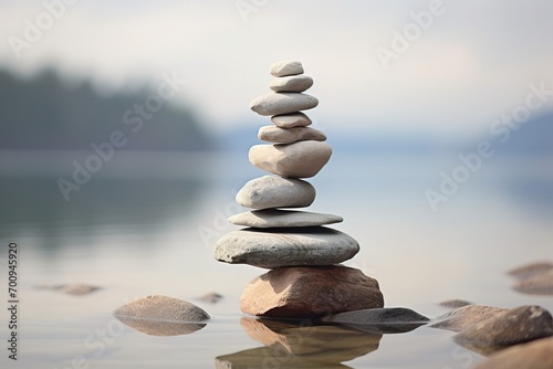 Smooth stones in zen balance by the tranquil lakeshore