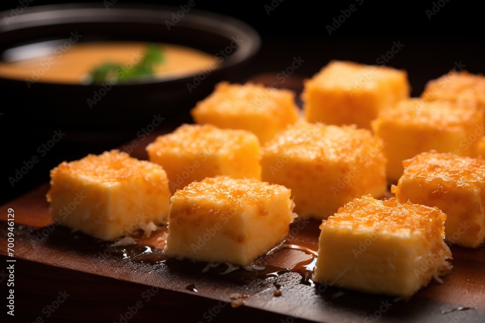 Close-up of a plate of yellow cheese cubes. Close-up of a plate of yellow cheese cubes.