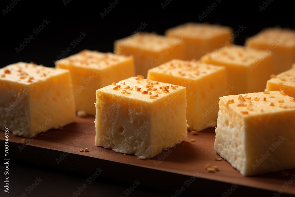 Close-up of a plate of yellow cheese cubes.