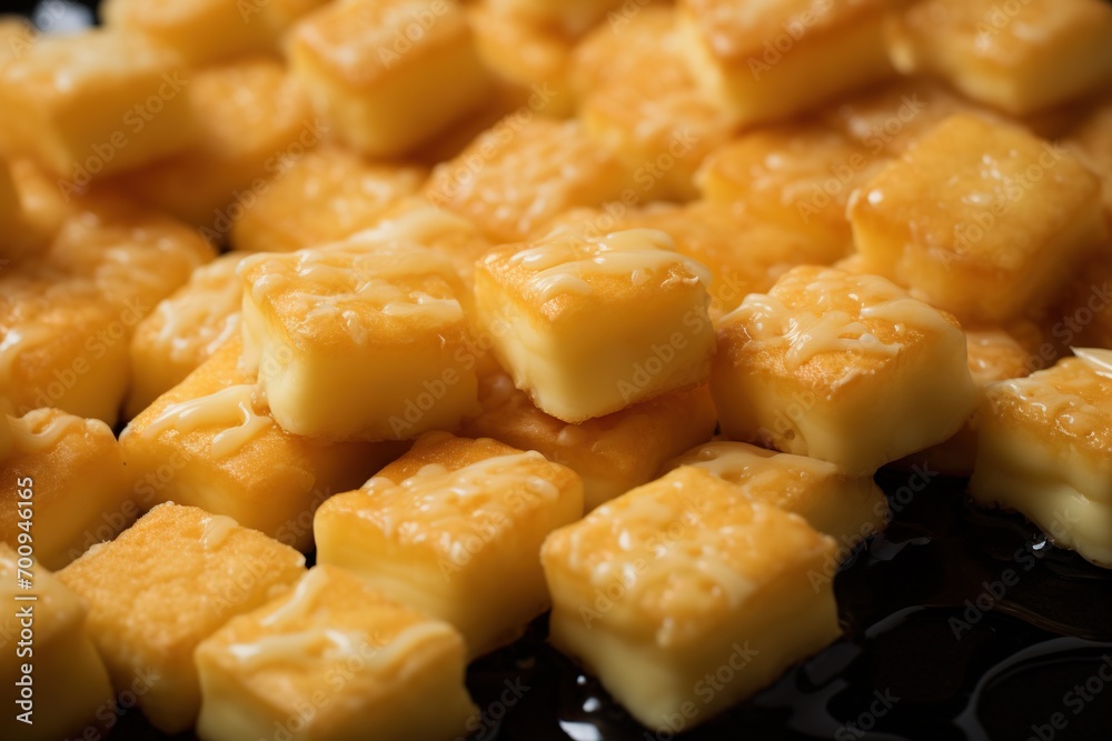 Close-up of a plate of yellow cheese cubes. Close-up of a plate of yellow cheese cubes.