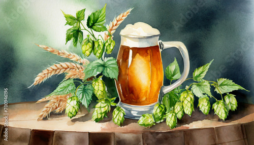 Beer jug with wheat and hops herbs and hop flower 