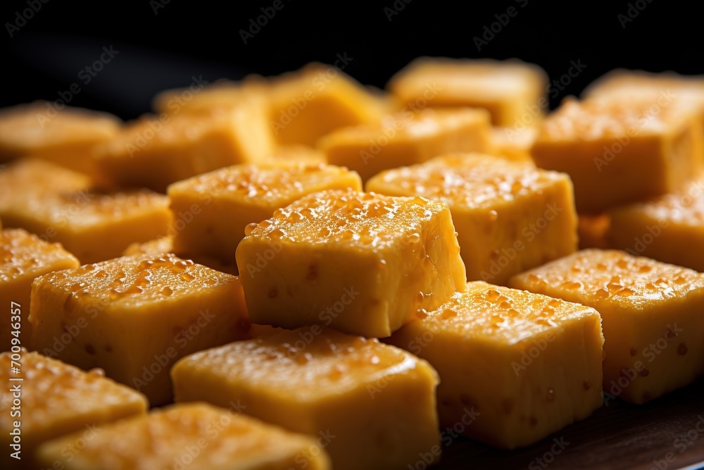Close-up of a plate of yellow cheese cubes. Close-up of a plate of yellow cheese cubes.
