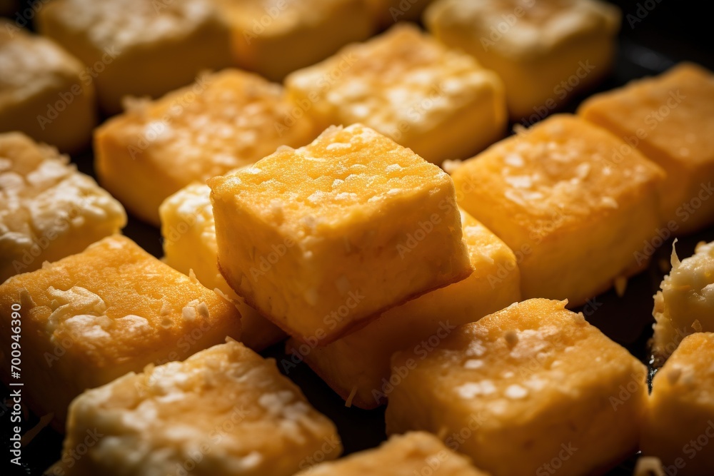 Close-up of a plate of yellow cheese cubes. Close-up of a plate of yellow cheese cubes.