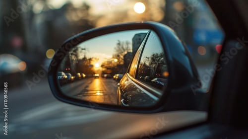  the rear view mirror of a car on a city street at night with the sun reflecting in the rear view mirror.