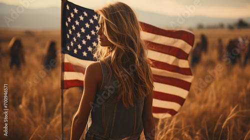 american flag on a field, portrait of a American woman, A woman in a field waving the american national flag Independence Day photo