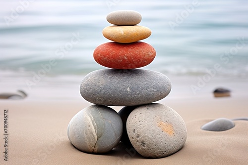 Colorful stones balanced on a sandy beach with gentle waves