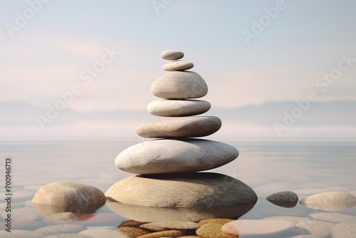 Pebble stack casting a serene reflection on still water