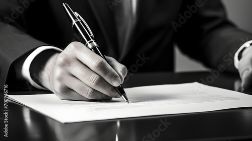 person is signing a document on a desk. It's a close-up of their hand with a pen, in black and white