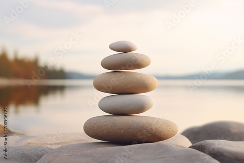 Smooth stones stacked by a reflective lakeside at dawn