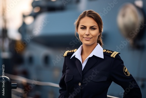 Portrait of beautiful stewardess in uniform on the deck of a ship